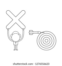 Vector illustration concept of businessman character with bulls eye and dart miss the target and holding up x mark. Black outline.
