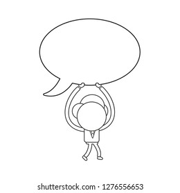 Vector illustration concept of businessman character walking and carrying blank speech bubble. Black outline.