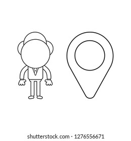 Vector illustration concept of businessman character with map pointer. Black outline.