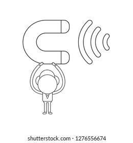 Vector illustration concept of businessman character holding up magnet and attracting. Black outline.