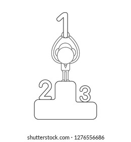 Vector illustration concept of businessman character on first place on winners podium and holding up number one. Black outline.