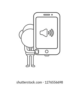 Vector illustration concept of businessman character holding smartphone with sound symbol. Black outline.