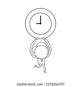 Vector illustration concept of businessman character running and carrying clock. Black outline.