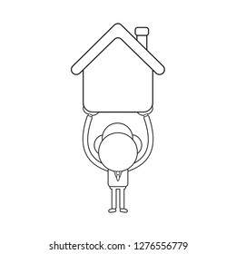 Vector illustration concept of businessman character holding up house. Black outline.