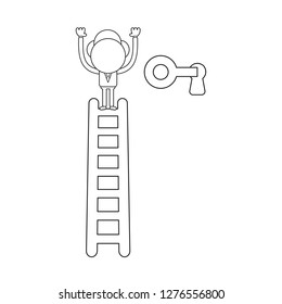 Vector illustration concept of businessman character on top of ladder and unlock keyhole. Black outline.