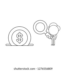 Vector illustration concept of businessman character holding magnifying glass to dollar coin into moneybox. Black outline.