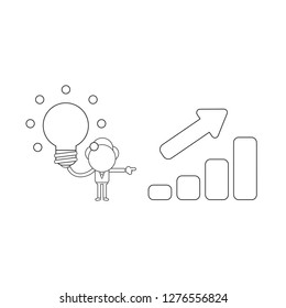 Vector illustration concept of businessman character holding glowing light bulb and showing sales bar graph moving up. Black outline.