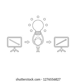 Vector illustration concept of businessman character holding up glowing light bulb idea and sales chart arrow moving down and up. Black outline.