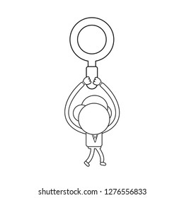 Vector illustration concept of businessman character walking and carrying magnifying glass. Black outline.