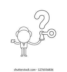 Vector illustration concept of businessman character holding question mark with keyhole and key unlock. Black outline.