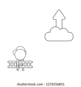 Vector illustration concept of businessman character carrying ladder to reach arrow up on cloud. Black outline.