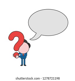 Vector illustration concept of businessman character with speech bubble and holding question mark. Color and black outlines.