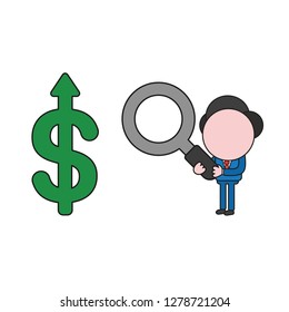 Vector illustration concept of businessman character holding magnifying glass to dollar arrow moving up. 
