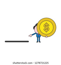 Vector illustration concept of businessman character holding dollar coin and pointing moneybox hole. Color and black outlines.