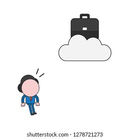Vector illustration concept of businessman character looking briefcase on cloud. Color and black outlines.