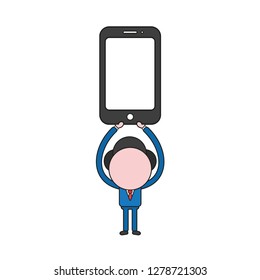 Vector illustration concept of businessman character holding up smartphone. Color and black outlines.
