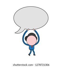 Vector illustration concept of businessman character walking and carrying blank speech bubble. Color and black outlines.