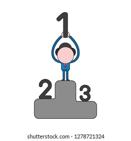 Vector illustration concept of businessman character on first place on winners podium and holding up number one. Color and black outlines.
