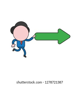Vector illustration concept of businessman character running and holding arrow pointing right. Color and black outlines.