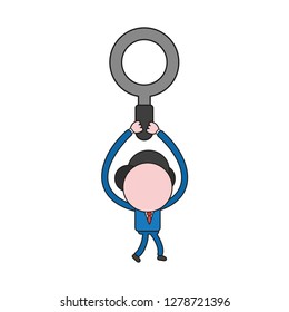 Vector illustration concept of businessman character walking and carrying magnifying glass. Color and black outlines.