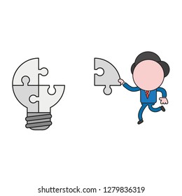 Vector illustration concept of businessman character carrying missing puzzle piece to light bulb puzzle. Color and black outlines.