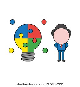 Vector illustration concept of businessman character with glowing connected light bulb puzzle. Color and black outlines.