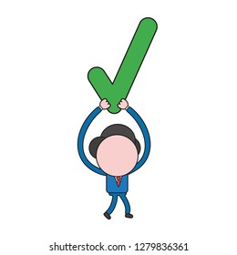 Vector illustration concept of businessman character walking and holding up check mark. Color and black outlines.