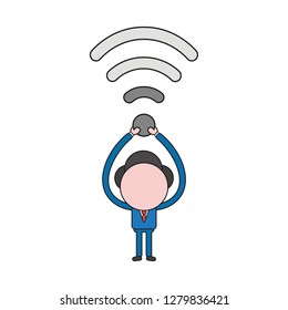 Vector illustration concept of businessman character holding up wireless wifi symbol. Color and black outlines.