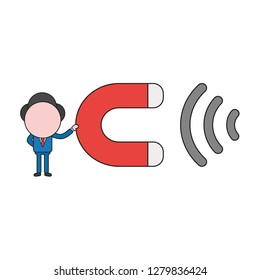 Vector illustration concept of businessman character holding magnet attracting. Color and black outlines.