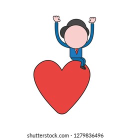 Vector illustration concept of businessman character sitting on heart. Color and black outlines.