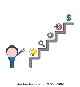 Vector illustration concept of businessman character pointing dollar symbol on top of stairs. Color and black outlines.