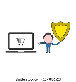 Vector illustration concept of businessman character holding guard shield and pointing shopping cart inside laptop computer. Color and black outlines.