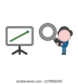 Vector illustration concept of businessman character holding magnifying glass to sales chart arrow moving up. Color and black outlines.