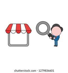 Vector illustration concept of businessman character holding magnifying glass to shop store. Color and black outlines.