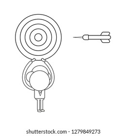 Vector illustration concept of businessman character holding up bulls eye with dart. Black outline.