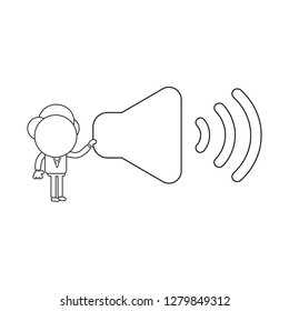 Vector illustration concept of businessman character holding sound on symbol. Black outline.