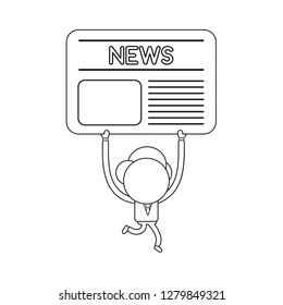 Vector illustration concept of businessman character running and carrying newspaper. Black outline.