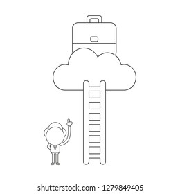 Vector illustration concept of businessman character pointing briefcase on cloud and reach with ladder. Black outline.