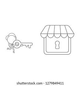 Vector illustration concept of businessman character carrying key to lock or unlock store keyhole. Black outline.