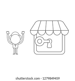 Vector illustration concept of businessman character lock or unlock store keyhole with key. Black outline.