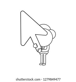 Vector illustration concept of businessman character holding mouse cursor. Black outline.