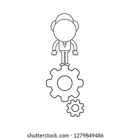 Vector illustration concept of businessman character standing on gears. Black outline.