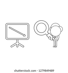 Vector illustration concept of businessman character holding magnifying glass to sales chart arrow moving down. Black outline.