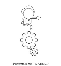 Vector illustration concept of businessman character running on gears. Black outline.