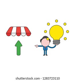 Vector illustration concept of businessman character holding glowing light bulb and pointing arrow up under store awning. Color and black outlines.