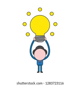 Vector illustration concept of businessman character holding up glowing light bulb. Color and black outlines.