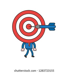 Vector illustration concept of businessman character with bulls eye head, dart in the center and walking. Color and black outlines.