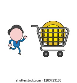 Vector illustration concept of businessman character running to dollar coin inside shopping cart. Color and black outlines.