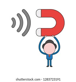 Vector illustration concept of businessman character holding up magnet attracting. Color and black outlines.