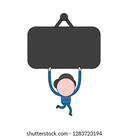 Vector illustration concept of businessman character running and carrying hanging sign. Color and black outlines.